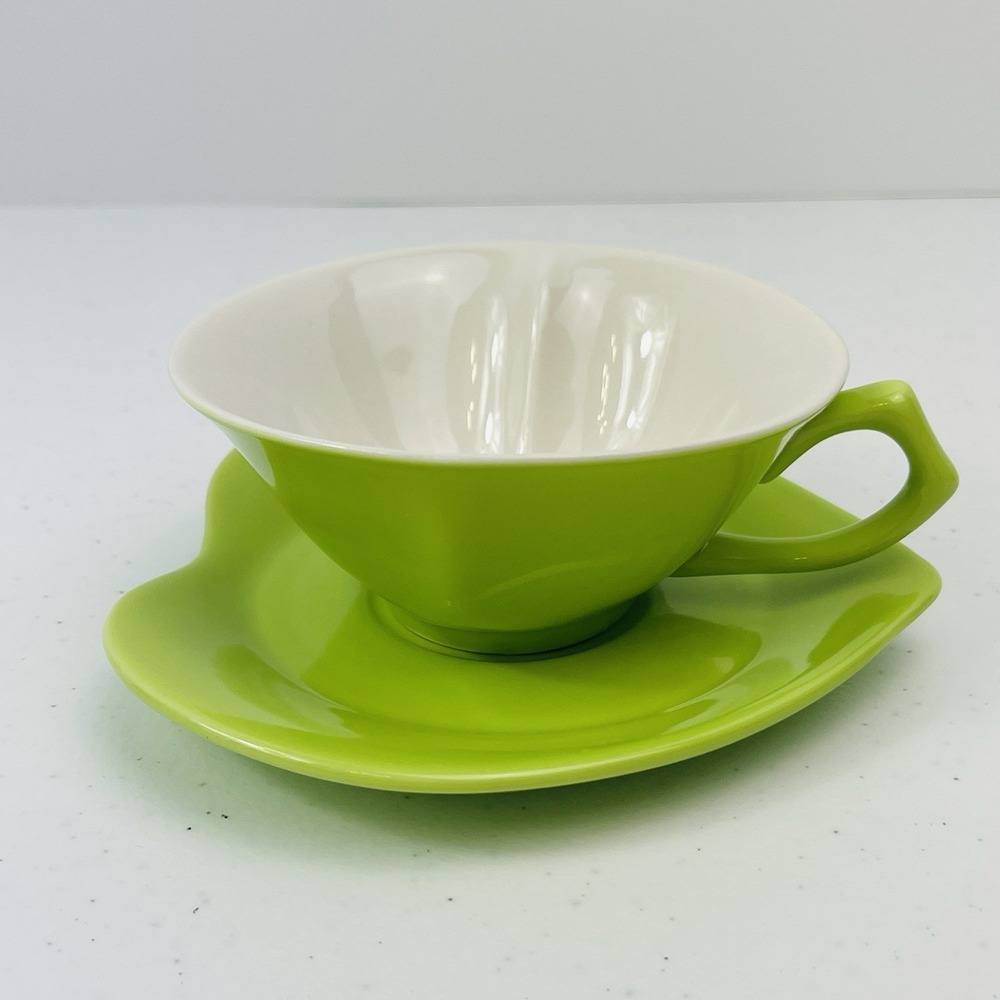 Mary Kay Lime Green White Heart Shaped Tea Cup‎ Saucer Love Valentine